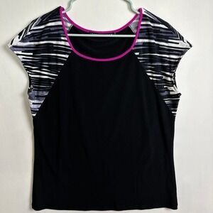 Ivanka Trump Womens Black Raglan Top Pink Trim Abstract Print Short Sleeve XL